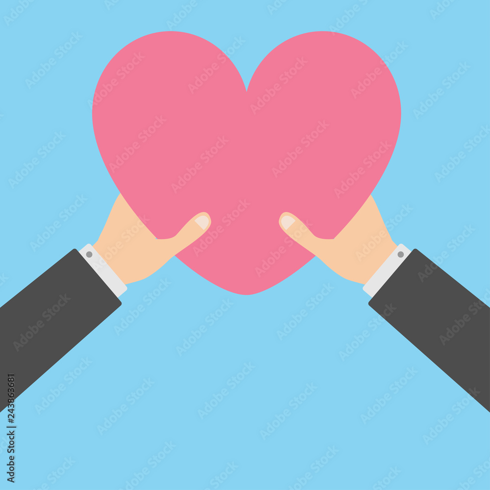 Two businessman hands arms holding pink heart icon shape sign. Happy Valentines day. Greeting card. Flat design style. Love soul gift concept. Close up body part. Blue background. Isolated. Two businessman hands arms holding pink heart icon shape sign. Happy Valentines day. Greeting card. Flat design style. Love soul gift concept. Close up body part. Blue background. Isolated.