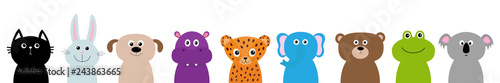 Zoo animal head face body set. Cute cartoon character Baby children education. Cat, rabbit, hare, jaguar, dog, hippopotamus elephant, bear frog koala. Flat design. Isolated. White background.
