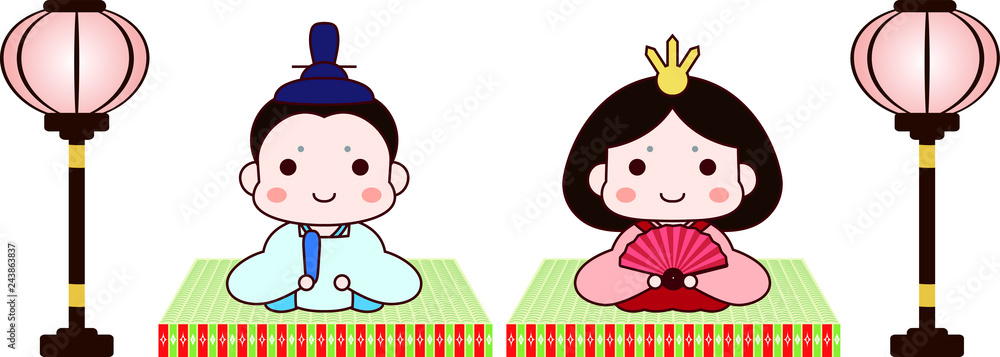 Japanese Hina dolls on tatami with paper lantern Japanese Hina dolls on tatami with paper lantern