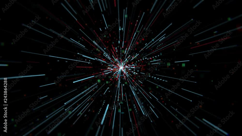 3d render loopable sequence with particles flies from center of screen. Digital, technology or artificial intelligence themed background. 3d render loopable sequence with particles flies from center of screen. Digital, technology or artificial intelligence themed background.