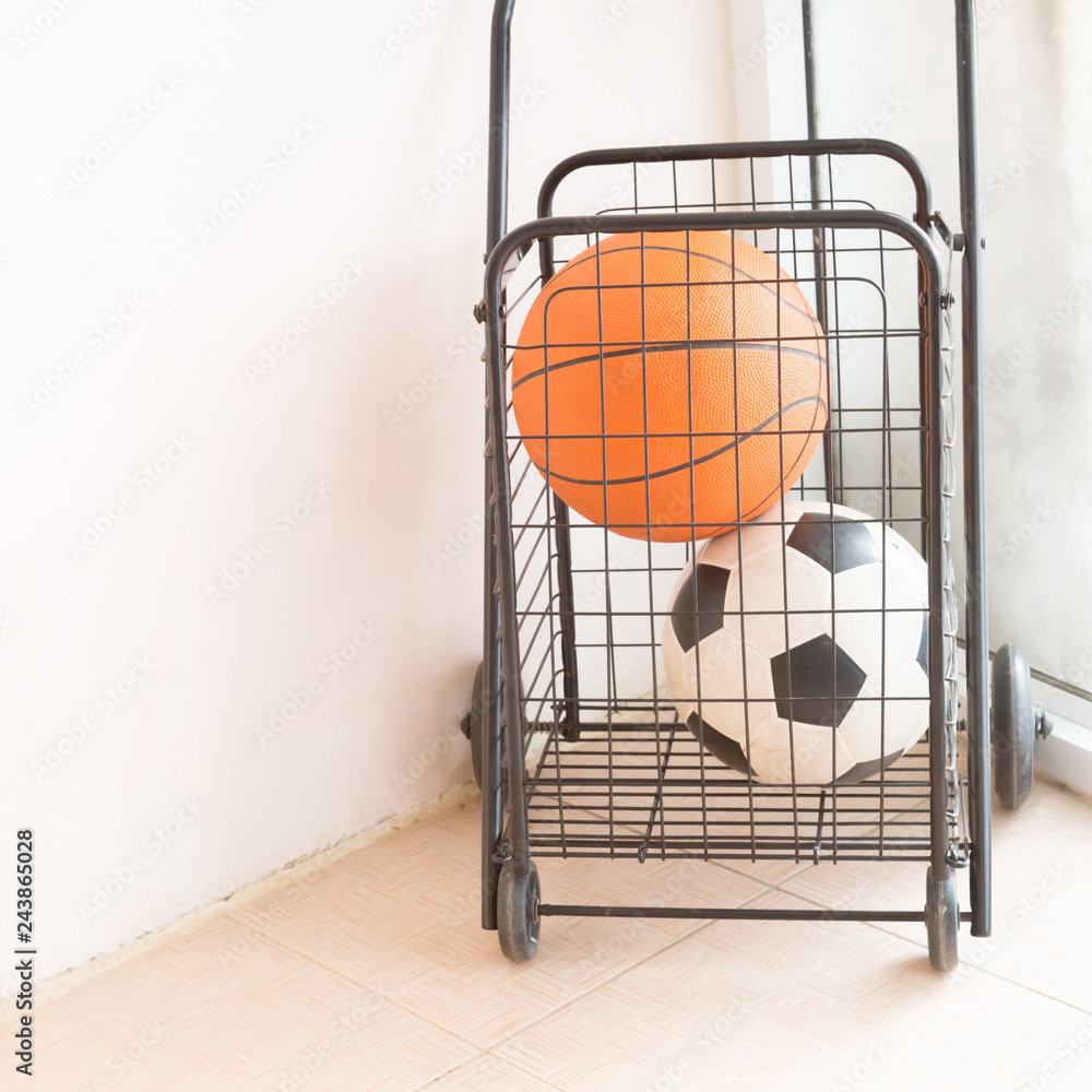 Basketball and Football in shopping cart.. Basketball and Football in shopping cart..