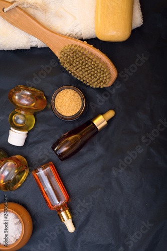 luxury Set of spa products with accessoires on black background