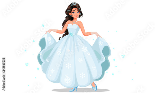 Leinwand Poster Beautiful cute princess with long braided hairstyle holding her long white dress