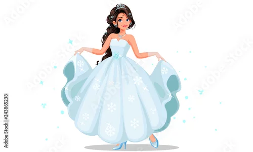 Obraz Piękna, urocza księżniczka z misterną fryzurą w długiej jasnej sukni