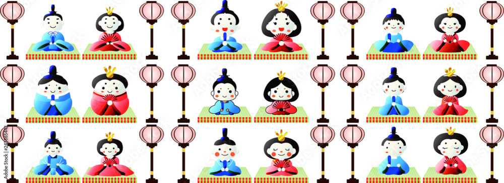 Fototapeta premium Japanese Gradation cute Hina dolls on tatami sheet with paper lantern set