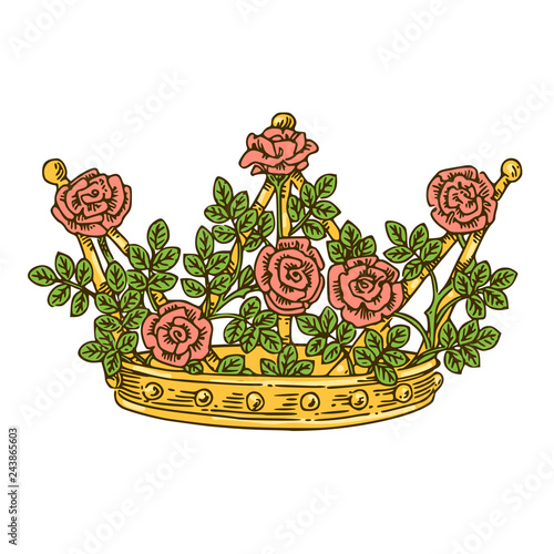 Gold crown decorated with rose branches. Color. Engraving style. Vector illustration.