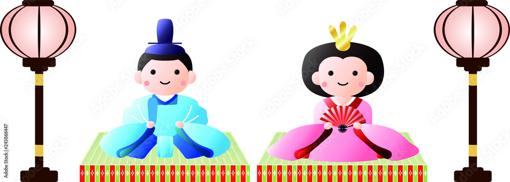 Japanese Gradation Hina dolls on tatami sheet with paper lantern Japanese Gradation Hina dolls on tatami sheet with paper lantern