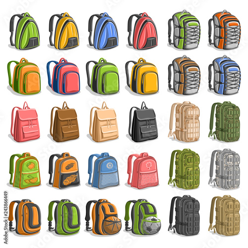 Vector set of various Backpacks, 30 cut out variety bags with straps and handle for army or trip, modern orange backpack for kids with soccer ball in pocket, big camo rucksacks on white background.