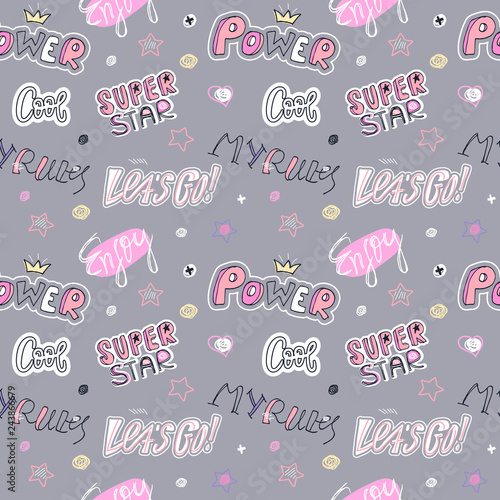 Fashion Pop Art sketch seamless pattern with heart, stickers, text, stars. Super star, Cool, my rules, power. Girlish Print design for T-shirts, banners, clothes, social media. Typography slogan.
