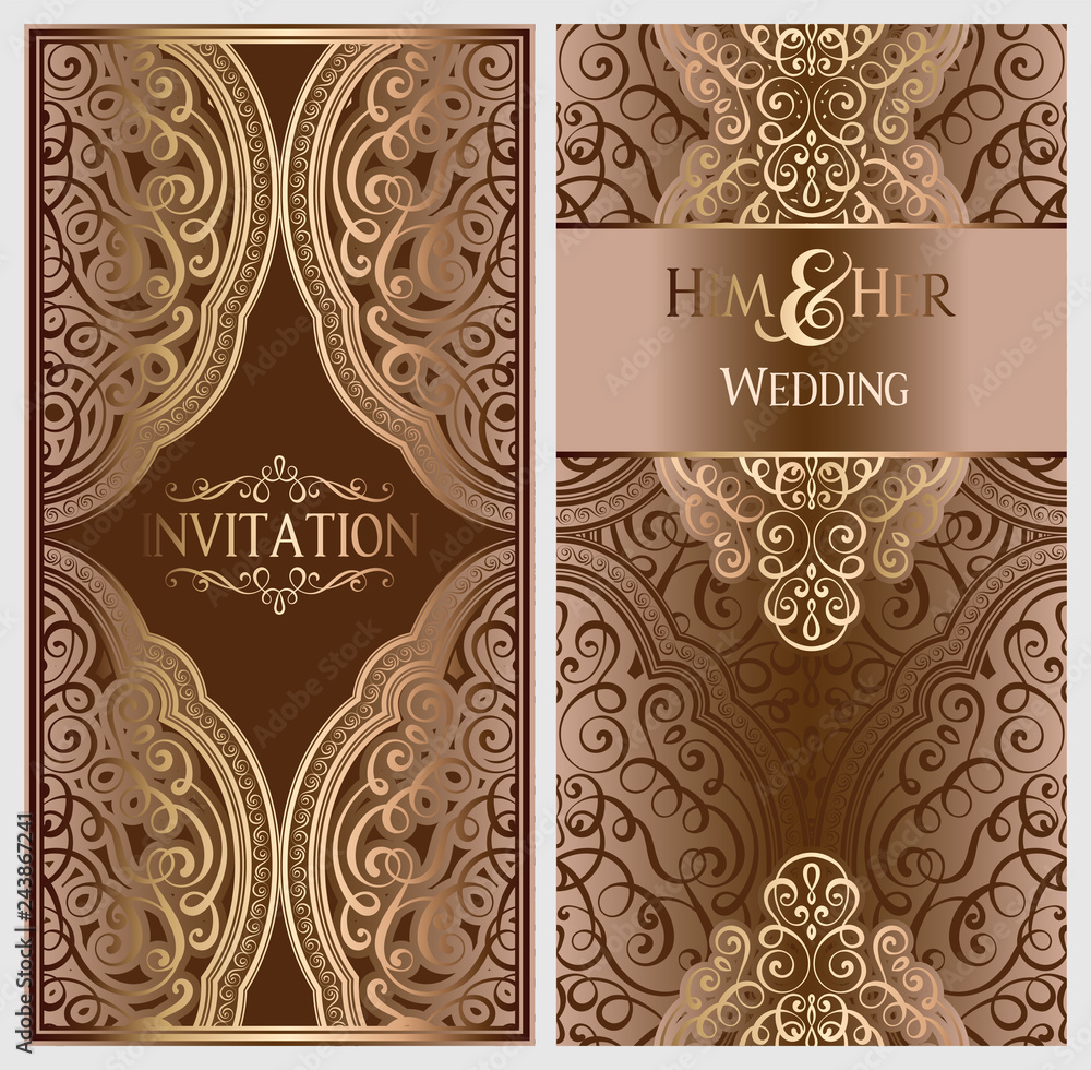 Beige and gold luxury wedding invitation card with golden shiny eastern and baroque rich foliage. Ornate islamic background for your design. Islam, Arabic, Indian, Dubai.