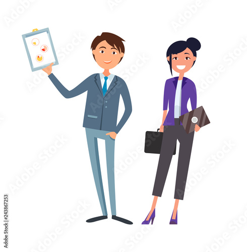 Man Showing Clipboard Page, Woman with Briefcase