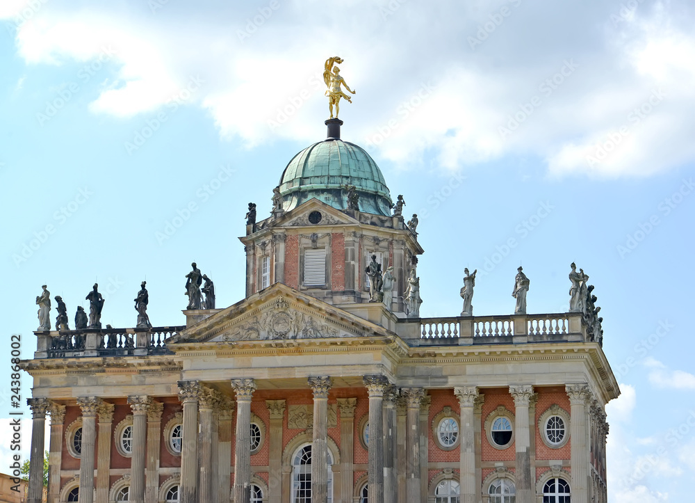 POTSDAM, GERMANY.  A dome and a frieze of the New palace against the background of the sky. Park of San Sushi