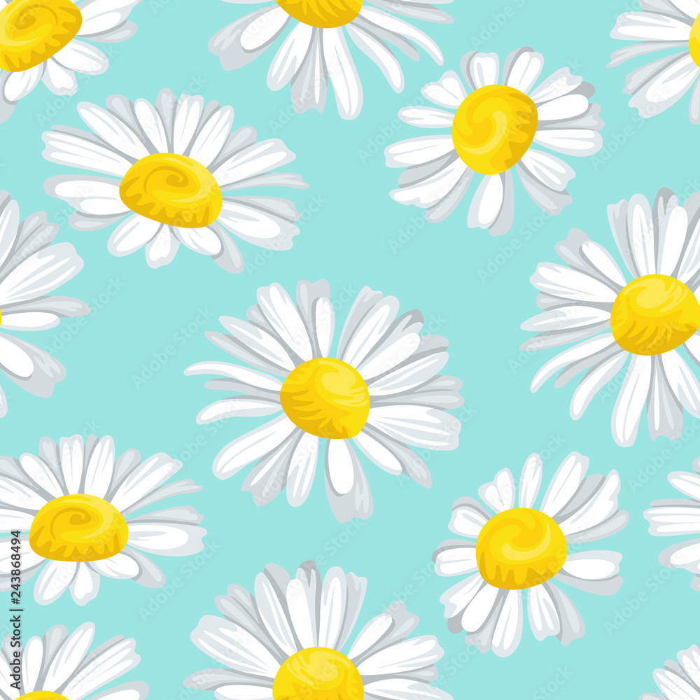 Fototapeta premium White daisies on blue background. Floral seamless pattern. Vector illustration of wildflowers in cartoon flat style.