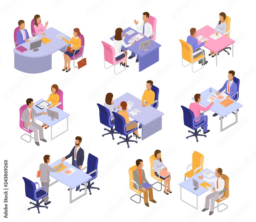 Interview vector interviewee or interviewer people on business meeting and in office illustration set of interviewed man or woman worker characters isolated on white background Interview vector interviewee or interviewer people on business meeting and in office illustration set of interviewed man or woman worker characters isolated on white background