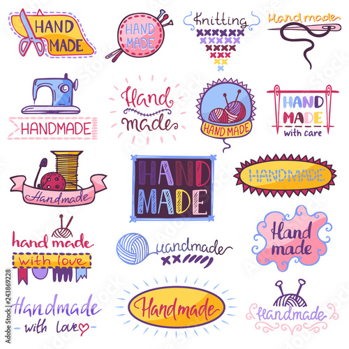 Handmade logo vector sewing knitting handcraft hobby workshop logotype illustration set of crocheting woolly knitwear and handknitting needlework label isolated on white background