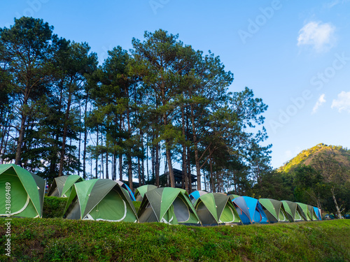 Adventures Camping tourism and tent  view forest landscape   outdoor in morning and sunset sky at Mon Sone View point  Doi Ang Khang National Park in Chiang Mai  Thailand. Concept Travel