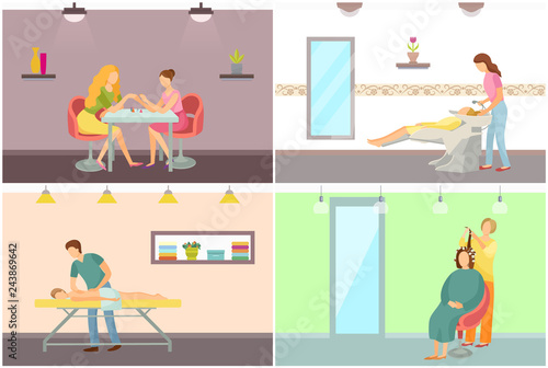 Spa Salon Hair Wash and Hairstyling Vector Posters
