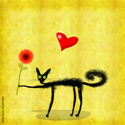 Valentines Day Thin Black Cat Holding Flower And Heart Balloon photo