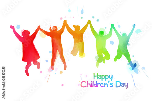 Watercolor of happy kids jumping together . Happy children's day.
