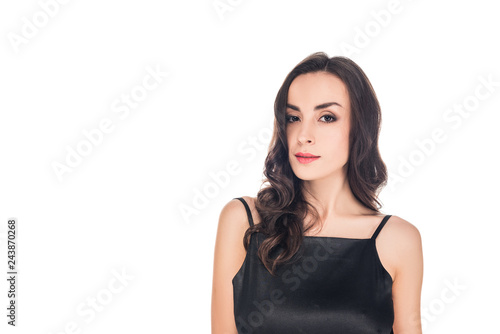 portrait of woman posing in black dress isolated on white