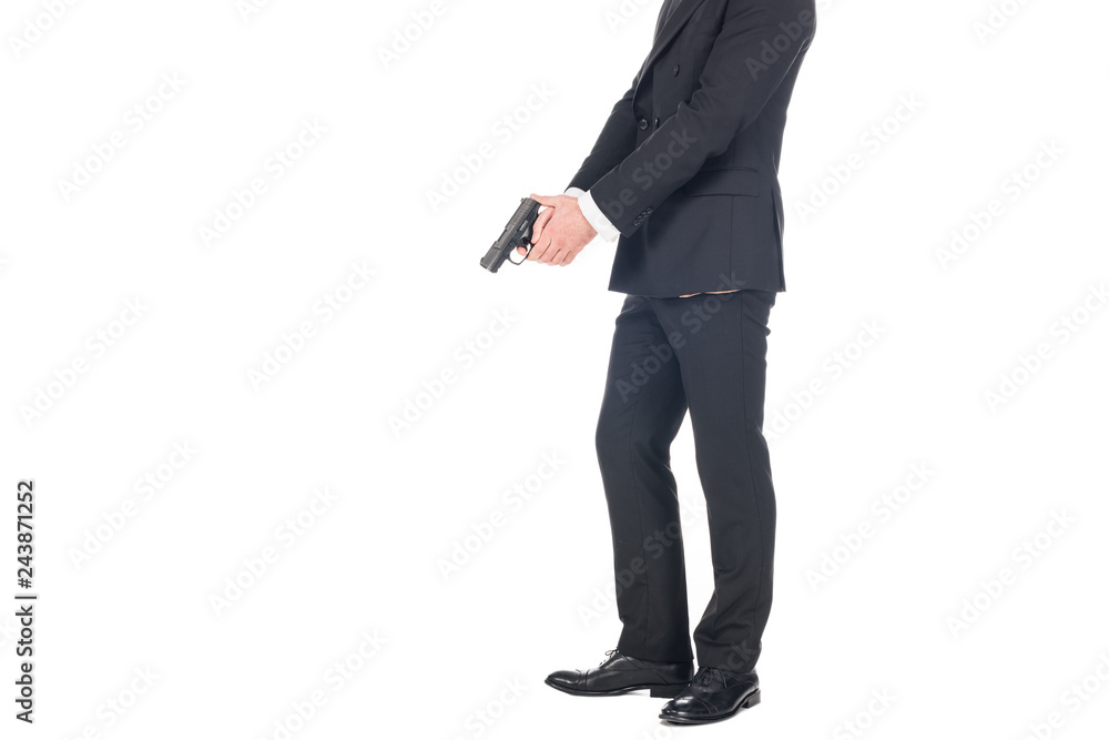 cropped view of killer in black suit holding gun, isolated on white cropped view of killer in black suit holding gun, isolated on white