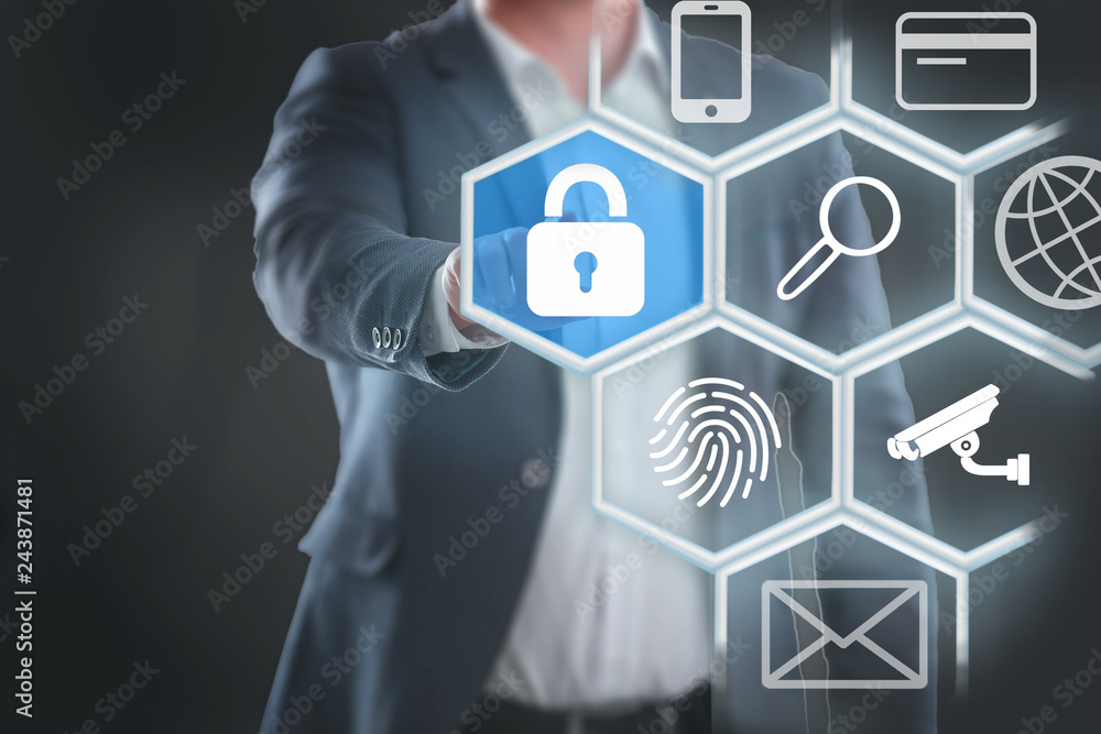 business man pressing virtual button with lock icon