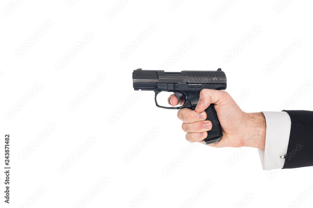 partial view of killer aiming with gun, isolated on white partial view of killer aiming with gun, isolated on white