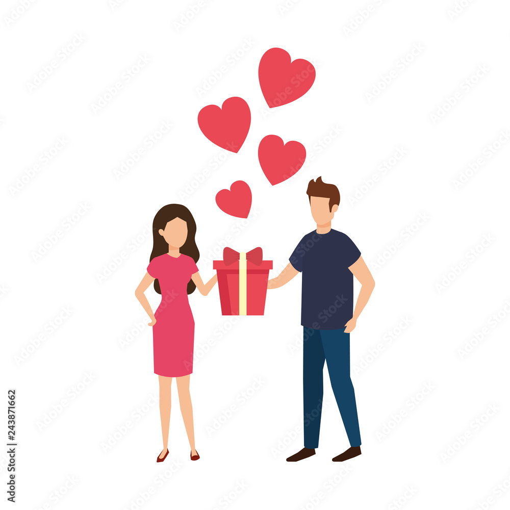 lovers couple with hearts floating and gift lovers couple with hearts floating and gift