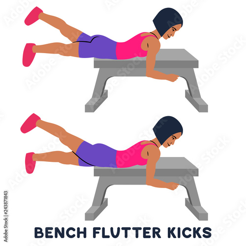 Bench flutter kicks. Sport exersice. Silhouettes of woman doing exercise. Workout, training.