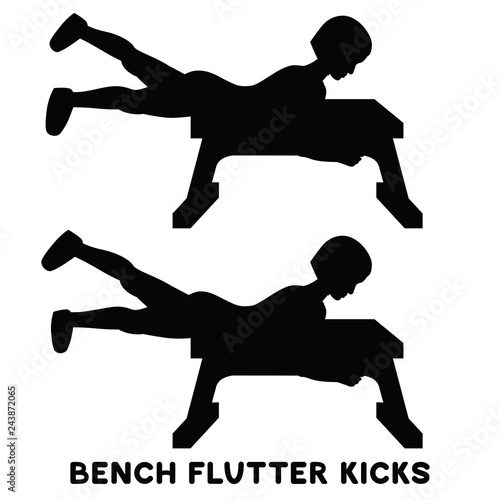 Bench flutter kicks. Sport exersice. Silhouettes of woman doing exercise. Workout, training.
