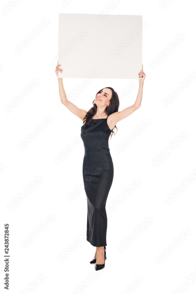 elegant woman in black dress posing with blank placard isolated on white elegant woman in black dress posing with blank placard isolated on white