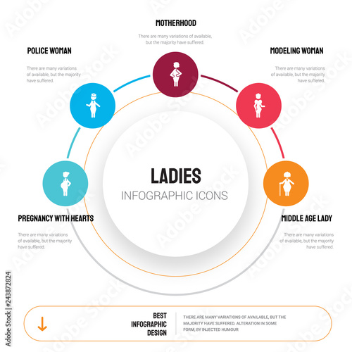 Abstract infographics of ladies template. Pregnancy with Hearts, Police Woman, Motherhood, Modeling Woman icons can be used for workflow layout, diagram, business step options, banner, web design.