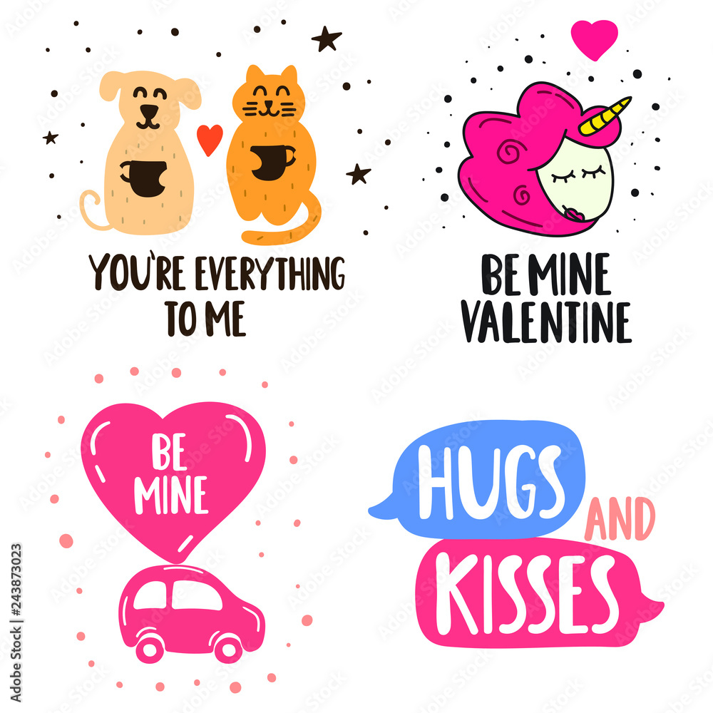 Set of icons for happy Valentine's Day. Vector lettering hand drawn illustration for greeting card, stickers, t shirt, posters design. Set of icons for happy Valentine's Day. Vector lettering hand drawn illustration for greeting card, stickers, t shirt, posters design.