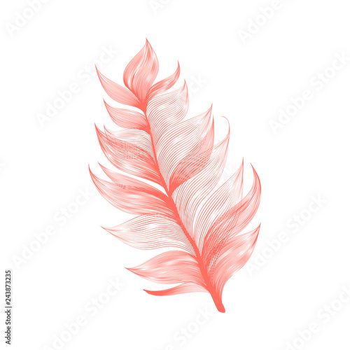 Isolated falling Living Coral color fluffy feather in realistic style. Lightweight Furry Fuzz Icon Design. Vector Graphic Bird Wing Element