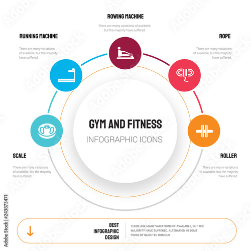 Abstract infographics of gym and fitness template. Scale, Running Machine, Rowing Rope, Roller icons can be used for workflow layout, diagram, business step options, banner, web design.