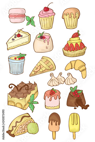 Simple Set of Desserts. Isolated cartoon illustration. Classic sweets.