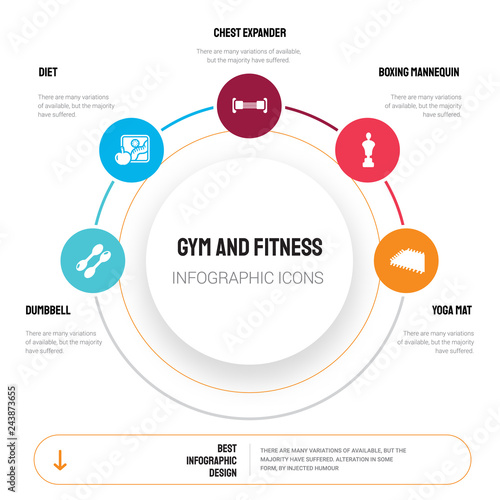 Abstract infographics of gym and fitness template. Dumbbell, Diet, Chest expander, Boxing Mannequin, Yoga mat icons can be used for workflow layout, diagram, business step options, banner, web design.