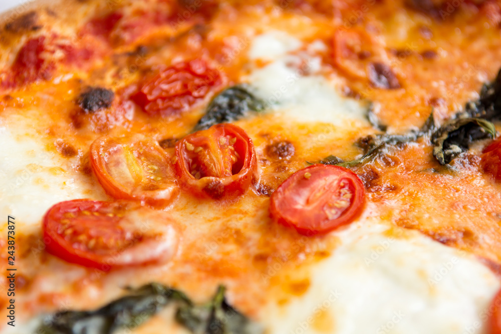 Delicious italian style pizza with tomatoes, mozarella and basil. Delicious italian style pizza with tomatoes, mozarella and basil.