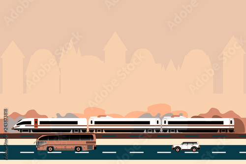 Public transport on a city silhouette background