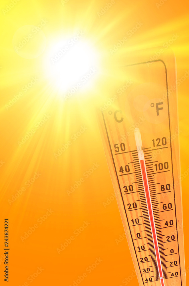 Fototapeta premium ilustracja koloru pomarańczowego i żółtego przedstawiająca słońce i termometr otoczenia