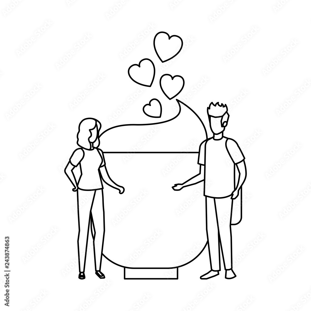 lovers couple with hearts floating and coffee cup