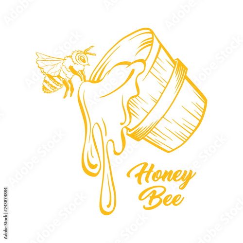 Honey Bucket and Bee, Outline Logo Design. Isolated Vector. Yellow Engraved Element. Vintage Style Illustration of Flying Wasp and Honey Drop