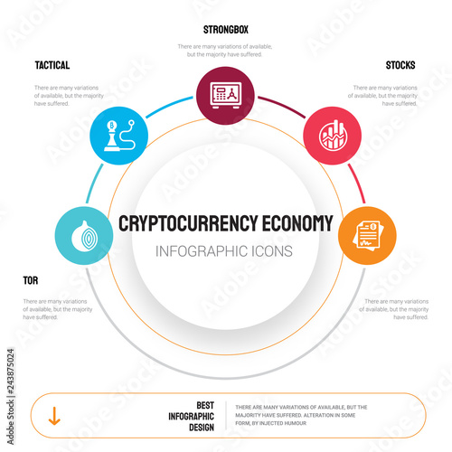 Abstract infographics of cryptocurrency economy template. Tor, Tactical, Strongbox, Stocks, icons can be used for workflow layout, diagram, business step options, banner, web design.
