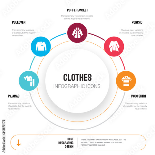 Abstract infographics of clothes template. pyjamas, Pullover, puffer jacket, Poncho, Polo Shirt icons can be used for workflow layout, diagram, business step options, banner, web design.