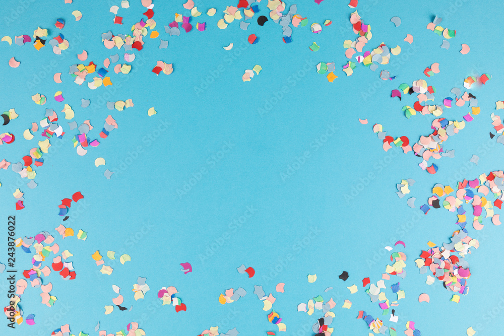 blue background with confetti - obrazy, fototapety, plakaty 