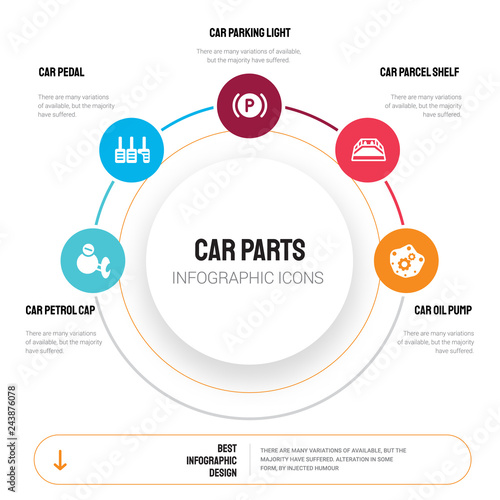Abstract infographics of car parts template. petrol cap, pedal, parking light, parcel shelf icons can be used for workflow layout, diagram, business step options, banner, web design.