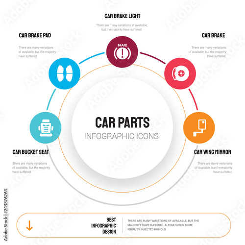 Abstract infographics of car parts template. bucket seat, brake pad, light, icons can be used for workflow layout, diagram, business step options, banner, web design.