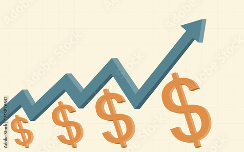 abstract financial chart with green color 3d uptrend line arrows go up with dollar sign on yellow color background