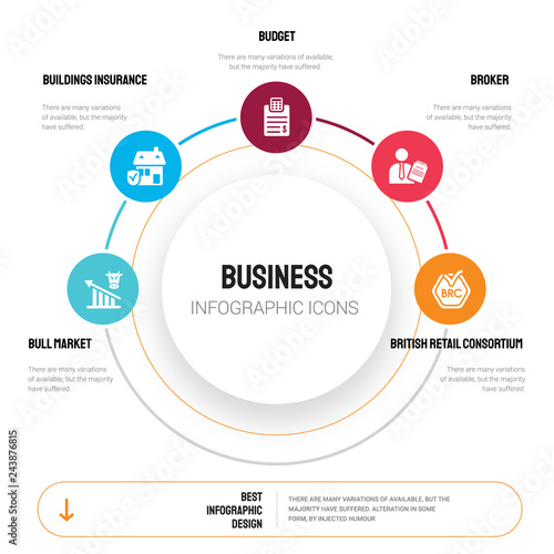 Abstract infographics of business template. Bull market, Buildings insurance, Budget, Broker icons can be used for workflow layout, diagram, step options, banner, web design.
