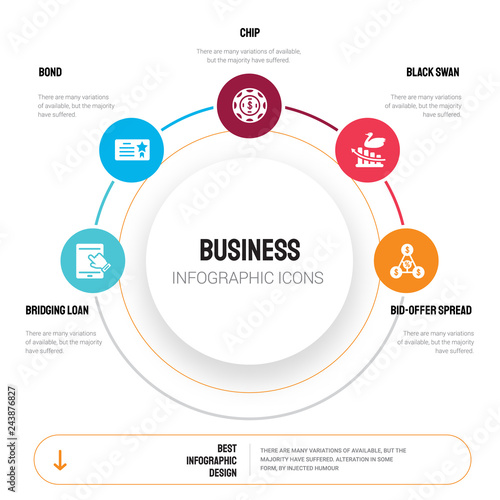 Abstract infographics of business template. Bridging loan, Bond, chip, Black swan, Bid-offer spread icons can be used for workflow layout, diagram, step options, banner, web design.